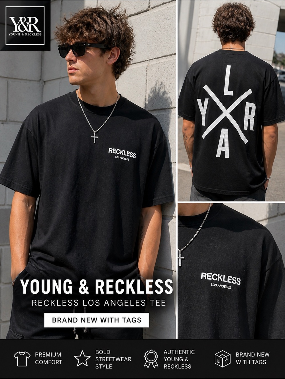 Young & Reckless YRLA Cross Logo Tee Black XL NWT Streetwear LA , Sz XL NWT